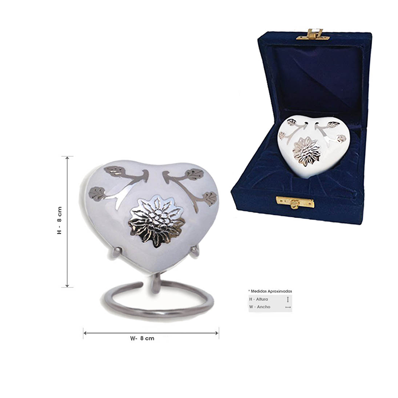 MINI URNA CORAZON ALUMINIO BLANCO HOJAS